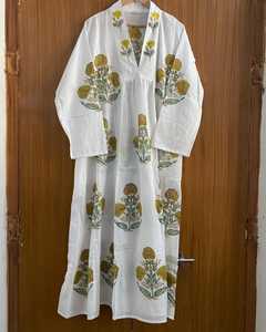 Floral Handblock Print Cotton Maxi Dress Boho <b>Balloon</b> Sleeve Long Summer Dress Handmade Indian Block Print Beach Vacation Outfit - Product Image 1
