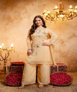 Conjunto de Kurta Tradicional Beige para Mujer, Bordado en Seda, Estilo Vintage, con Dupatta, Corte Regular, Ropa Étnica para Bodas, India, Pakistán 86877 SHIVAM- - Product Image 2