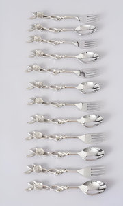 Best Quality Luxury Silver Stainless Steel And Brass Floral Branch Carved Spoon & <b>Fork</b> 12 Pcs Set - Product Image 5