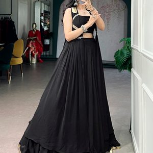 Black Embroidered Net Lotus Handwork Fully Stitched Premium Lehenga Set With Elegant Long <b>Jacket</b> By Wholesale Rate Royal Export - Product Image 6