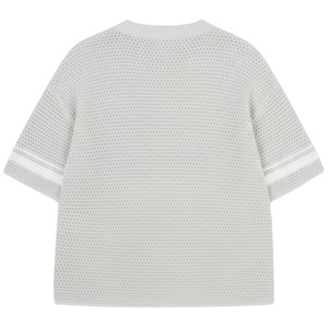 T-shirt en tricot crocheté à rayures contrastées gris à manches courtes, tricot texturé, décontracté d'été, respirant, col rond - Product Image 2