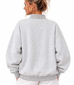 Custom Logo Women’s Mockneck Sweatshirt Oversized Plaid Color Block <b>Letter</b> <b>Applique</b> Vintage Casual Pullover - Product Image 3
