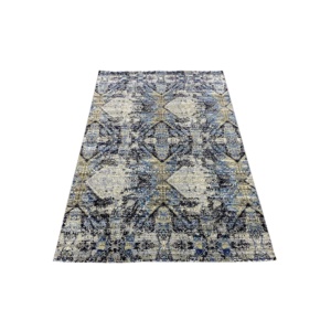 Tapis en laine et soie noué à la main, bleu cobalt gris, motif géométrique en losanges, petit tapis d'appoint - Product Image 3