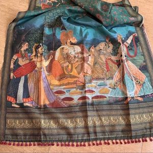 Sari en lin indien imprimé numériquement, style Kalamkari, avec des pompons fantaisie pour les mariages et les fêtes - Product Image 5