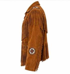 Veste marron pour homme avec broderie à franges, fermeture éclair, col rabattu, style vintage, manches régulières - Product Image 5