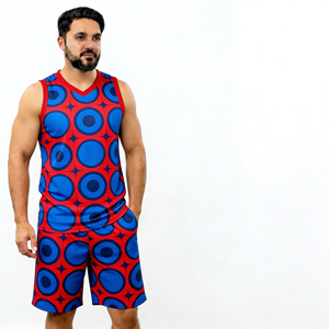 Conjunto de Camiseta sin Mangas y Pantalones Cortos para Hombre, Estampado de Puntos Rojos y Azules, Cuello en V, Secado Rápido, Tejido de Poliéster, Estilo Casual de Verano - Product Image 1