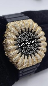 Laysware Luxury Antique Iced Out VVS Moissanite Diamond Sunburst Dial <b>Watch</b> <b>Black</b> Rubber Strap Statement Analog Timepiece - Product Image 5
