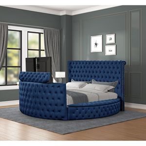 Letto matrimoniale in stile moderno con design trapuntato in cristallo, struttura in legno e rivestimento blu. - Product Image 1