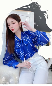 Wholesale <b>Women's</b> Elegant Blue Printed <b>Blouse</b> Oversized Bow Neckline Button Detail and <b>Long</b> Sleeve <b>for</b> Workwear and Retail Shops - Product Image 6