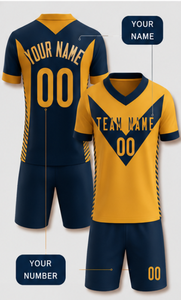 Ensemble de maillots de football personnalisés à col en V, bleu marine et jaune, imprimés par transfert thermique 3D, séchage rapide, respirant, polyester, manches courtes, unisexe, pour équipe - Product Image 3