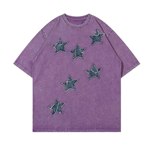 Customized 100% Cotton Jersey <b>Acid</b> Wash short Sleeves Star Patches Distressed Oversized <b>Drop</b> Shoulder Men's T-shirts - Product Image 3