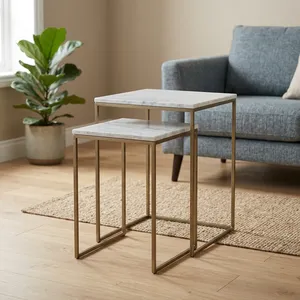 Iron <b>Marble</b> Nesting <b>Table</b> <b>Set</b> Two Piece Gold Metal Frame Side <b>Tables</b> For Living Room Furniture Minimalist Design - Product Image 2
