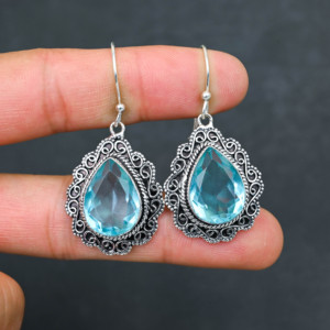 Customised Blue Topaz LAB-CREATED 925 Sterling Silver <b>Earrings</b> 1.9" <b>Handmade</b> Gemstone Jewelry Antique Fine <b>Earring</b> Gift for Wome - Product Image 4