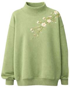 Sweat-shirt à col montant vert olive clair pour femme, broderie florale, manches longues, pull décontracté d'hiver, mélange de coton doux, haut pour femme - Product Image 1