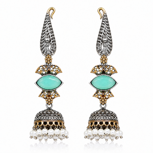 Pendientes de boda bohemios de latón con diseño de última moda, chapados en oro y plata oxidada, con piedra verde Monalisa, estilo indio Jhumka, para mujer, 21.5G |   Al por Mayor - Product Image 6