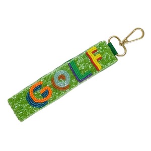 Llavero artesanal con temática deportiva de golf, con cuentas verdes multicolor y correa de cuentas de semillas, mosquetón giratorio dorado al por mayor - Product Image 1