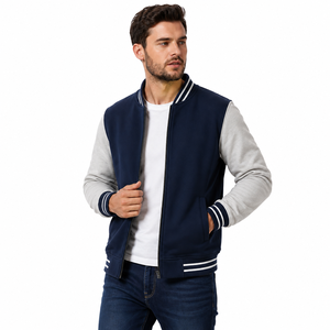 Mens Navy Blue Varsity <b>Jacket</b> Contrast Sleeve <b>Zip</b> <b>Up</b> Bomber Coat Casual Spring Outerwear - Product Image 2