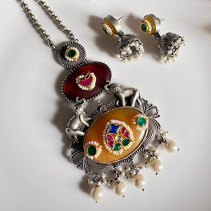 Conjunto de collar largo Kundan Fusion SLA con pendientes – Joyería nupcial económica en stock - Product Image 1