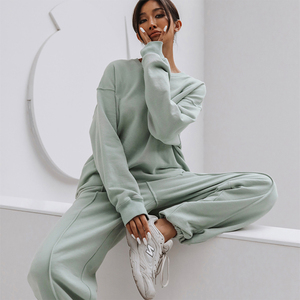 Ensemble de survêtement 2 pièces vert menthe pour femme, manches longues, col rond, coupe ample, vêtements décontractés, en coton tricoté, molleton, toutes saisons - Product Image 1