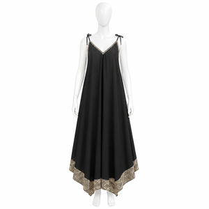 Women's <b>Black</b> Boho <b>Kaftan</b> Maxi <b>Dress</b> V-Neck Batwing Sleeves Contrast Hem 100% Cotton Breathable Lightweight Summer Beach Casual - Product Image 1