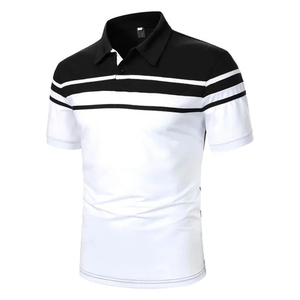 Men's Short Sleeve Striped Knitted <b>Polo</b> Shirt Regular Fit Casual Black <b>White</b> Color Blocked - Product Image 1