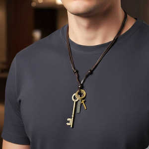Silver Key of Faith Rhodium Plated Stainless Steel Pendant with Adjustable Leather Rope for Men - Product Image 1