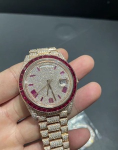 Rose Gold Moissanite Diamond Watch <b>Red</b> Diamond Bezel Luxury Iced Stainless Steel <b>Bracelet</b> GPS Alarm Mechanical Movement Premium - Product Image 6