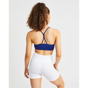 Sujetador deportivo fruncido azul marino personalizado con marca, detalle fruncido en el centro, tirantes finos, talla grande, corte alto frontal para fitness femenino - Product Image 4