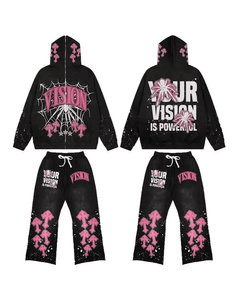 Distressed Embroidery Applique Unisex Winter Streetwear <b>Plus</b> <b>Size</b> Tracksuit 100% Cotton Fleece Hoodie <b>Jogger</b> Pant <b>Set</b> High - Product Image 3