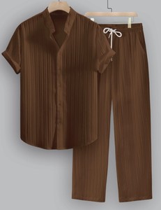 Men's Striped Satin Short Sleeve Shirt and <b>Pants</b> Set Turn-<b>down</b> Collar Breathable Summer Casual Wear - Product Image 4