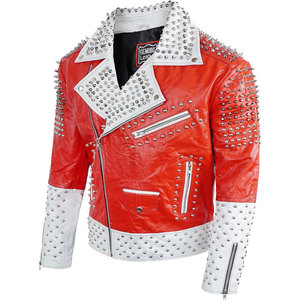 Chaqueta de Cuero Estilo Punk Rock Roja y Blanca para Hombre, con Tachuelas Plateadas, Estilo Gótico, Biker, Steampunk, para Conciertos - Product Image 1