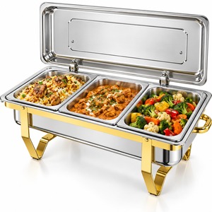 Plat de service rectangulaire de luxe en acier inoxydable à trois compartiments avec finition dorée, chauffe-plat durable et écologique pour buffet - Product Image 1