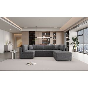 Divano Sezionale a U Oversize da 300 cm con Letto Estraibile e Due Cuscini Decorativi Grigi per Soggiorno - Product Image 1