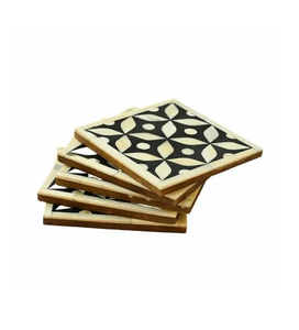 Sous-verre en os incrusté de 6 mm d'épaisseur avec support, motif floral noir et blanc, forme rectangulaire, décoration de table - Product Image 2