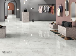 Carrelage en porcelaine effet marbre Calacatta Mont Blanc – Surface inspirée de la pierre naturelle blanche de qualité supérieure - Product Image 1