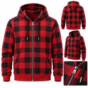 Sweat à capuche zippé pour homme, rouge et noir à carreaux, en polaire polyester/coton 360g avec poches - Product Image 1