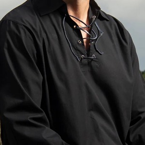 <b>Men's</b> Black Long Sleeve Casual <b>Shirt</b> With <b>Lace</b> <b>Up</b> Front Turn Down Collar Solid Color Woven Fabric Autumn Wear - Product Image 2