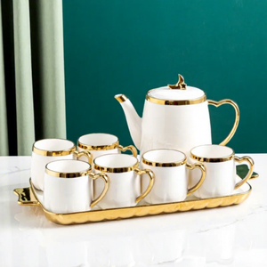 Juego de Té de Porcelana Europea de Lujo, Tazas, Tetera, Bandeja, Blanco con Borde Dorado y Plateado, Resistente a la Decoloración, Libre de BPA, Ecológico - Product Image 4