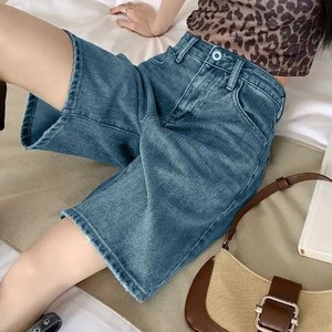 Women's Light Blue Dark Blue Black White Grey Boot Cut Knee-Length Vintage Cotton Denim Shorts Hand-painted Ripped - Product Image 2