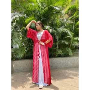 Ensemble jupe en mousseline rouge fusionnée avec haut Leheriya à manches trois-quarts taille XS pour des tenues élégantes - Product Image 2