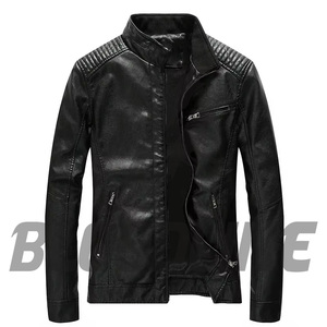 Veste de moto en cuir PU pour homme, coupe ajustée, col montant, fermeture éclair sur le devant, coupe-vent, pour l'automne - Product Image 1
