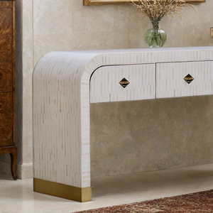 Table console en os incrusté fait main – Table d'entrée à 3 tiroirs avec incrustation blanche – Table moderne - Product Image 5