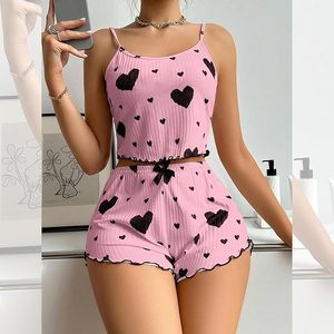Ensemble pyjama d'été 2 pièces pour femmes, imprimé cœur, col rond, sans manches, hauts et shorts, vêtements de nuit sexy, ensemble de pyjama doux - Product Image 2