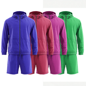 Unisex Lightweight Hooded Rain <b>Tracksuit</b> Set Solid Color Full Sleeve Zipper Fly Windbreaker Shorts Jacket Two Piece - Product Image 1