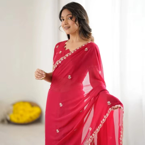 Sari KV Tradicional de Rayón Bordado, Sin Arrugas, Reversible, Lucknow Chikankari Georgette - Product Image 1