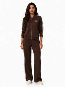 ONETEN APPAREL Ensemble de survêtement en coton marron pour femme, veste à col montant zippée, pantalon long à rayures latérales - Product Image 1