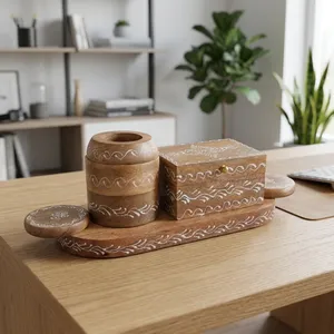 Boho Style Wooden <b>Incense</b> Burner Set On Oval Tray With Hand Painted White Wave Motifs Round Holders And Hinged Storage <b>Box</b> - Product Image 5