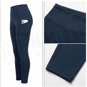 High Waist Full Length Yoga <b>Leggings</b> With <b>Pockets</b> Solid Navy Blue Seamless Four-Way Stretch Women's Activewear - Product Image 3
