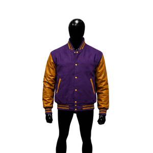 Chaqueta Varsity Morada Personalizada con Mangas Amarillo Dorado, Chaqueta Bomber Clásica de Béisbol para Hombre, Estilo Universitario al por Mayor - Product Image 1