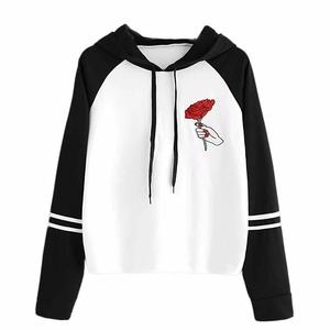 Sweat à capuche personnalisé pour femme, coupe raglan, imprimé noir, blanc et rose, avec rayures contrastées style universitaire, en polaire, coupe courte - Product Image 2